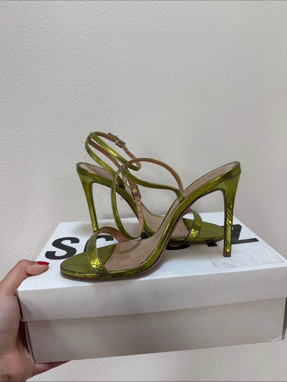 SCHUTZ Metallic Olive Green Strappy Stiletto Sandals